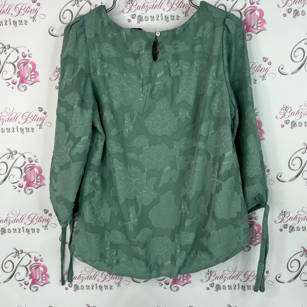 Blousology long sleeve 3D print floral ribbon ties Green Floral Women's Top - Picture 2 of 12